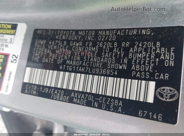 4T1G11AK7LU936854 2020 TOYOTA CAMRY Gray Widok komory silnika
