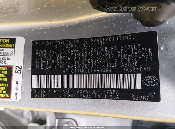 4T1G11AK9LU893084 2020 TOYOTA CAMRY Silver Vista del compartimento del motor
