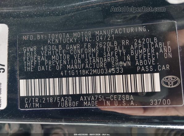 4T1G11BK2MU034533 2021 TOYOTA CAMRY Black ძრავის განყოფილების ხედი