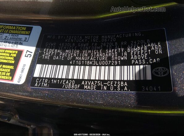 4T1G11BK3LU007291 2020 TOYOTA CAMRY Gray Engine compartment view