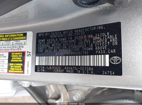 4T1G11BK8NU062192 2022 TOYOTA CAMRY Silver Вид підкапотного простору