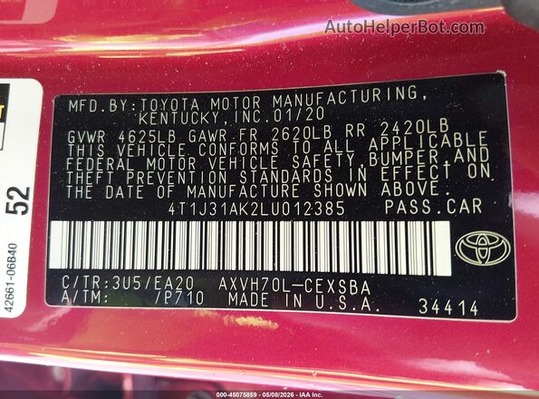 4T1J31AK2LU012385 2020 TOYOTA CAMRY Red 