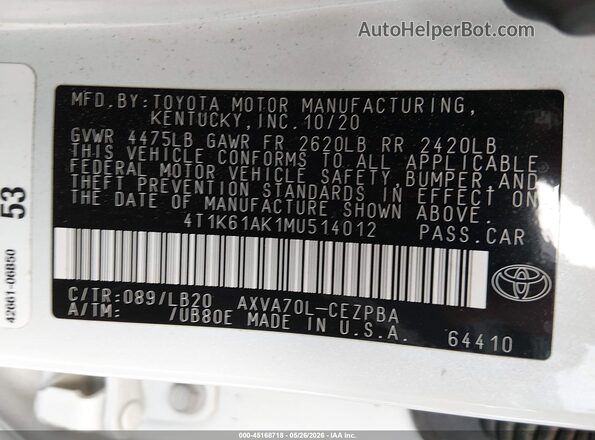 4T1K61AK1MU514012 2021 TOYOTA CAMRY Белый Вид подкапотного пространства