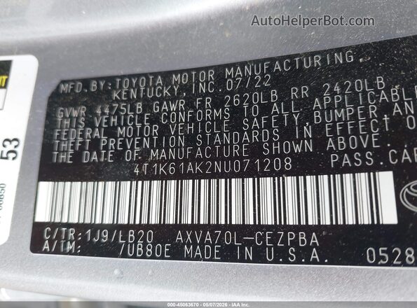 4T1K61AK2NU071208 2022 TOYOTA CAMRY Silver Вид підкапотного простору