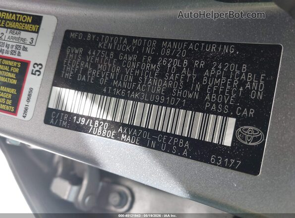 4T1K61AK3LU991071 2020 TOYOTA CAMRY Gray Widok komory silnika