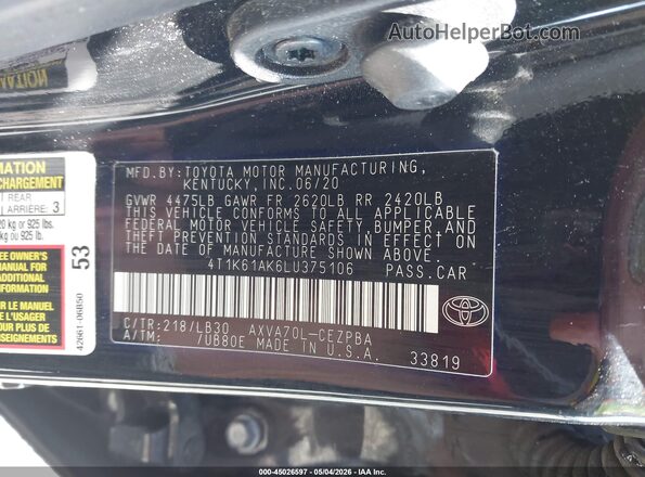 4T1K61AK6LU375106 2020 TOYOTA CAMRY Black Вид підкапотного простору