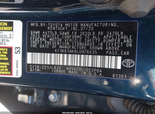 4T1K61AK6LU976435 2020 TOYOTA CAMRY Blue Вид підкапотного простору