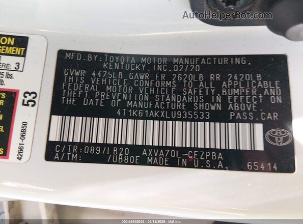4T1K61AKXLU935533 2020 TOYOTA CAMRY White Engine compartment view