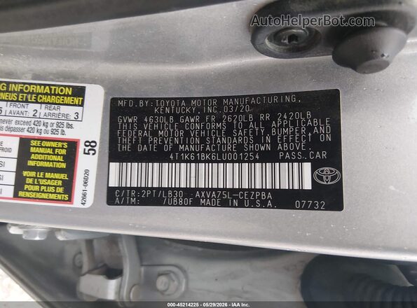 4T1K61BK6LU001254 2020 TOYOTA CAMRY Silver Vista del compartimento del motor