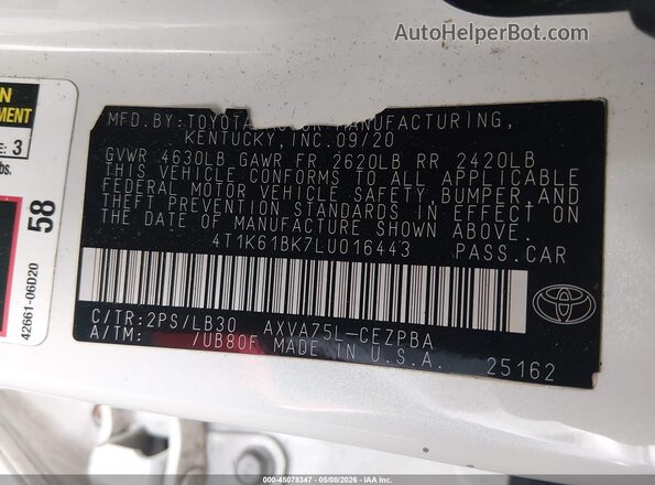 4T1K61BK7LU016443 2020 TOYOTA CAMRY White ძრავის განყოფილების ხედი