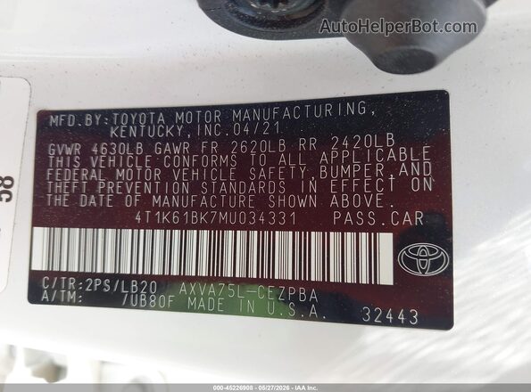 4T1K61BK7MU034331 2021 TOYOTA CAMRY White Engine compartment view