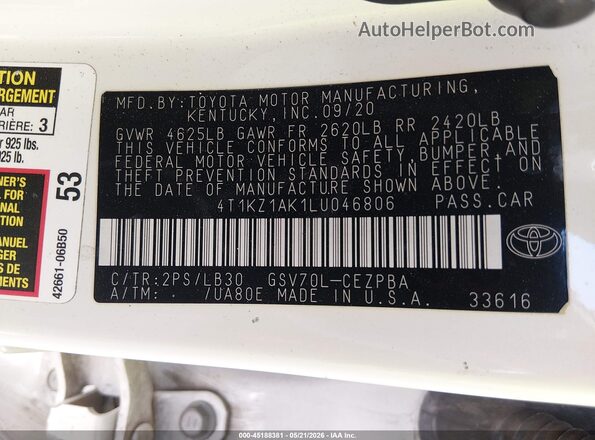 4T1KZ1AK1LU046806 2020 TOYOTA CAMRY White ძრავის განყოფილების ხედი