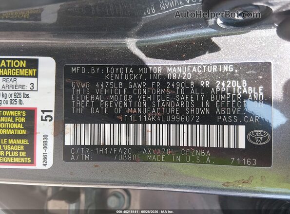 4T1L11AK4LU996072 2020 TOYOTA CAMRY Gray 