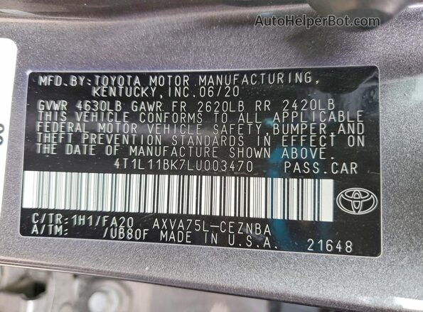 4T1L11BK7LU003470 2020 TOYOTA CAMRY Gray Vista de la etiqueta del VIN