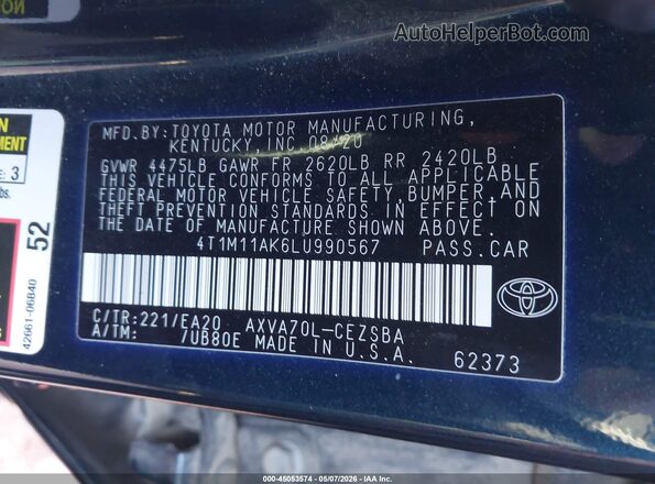 4T1M11AK6LU990567 2020 TOYOTA CAMRY Black Vista del compartimento del motor