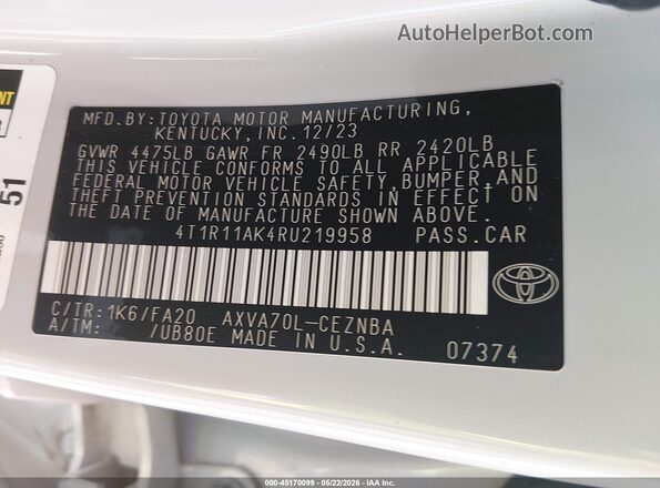 4T1R11AK4RU219958 2024 TOYOTA CAMRY White Вид підкапотного простору