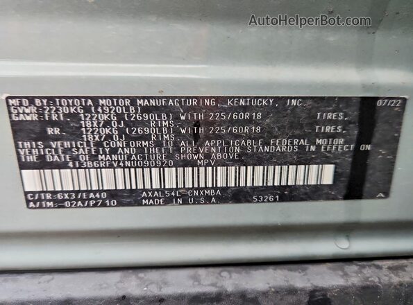 4T3B6RFV4NU090920 2022 TOYOTA RAV4 Teal 