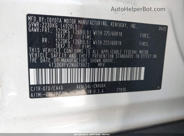 4T3D6RFV2NU078872 2022 TOYOTA LIMITED White Շարժիչի բաժամունքի տեսք