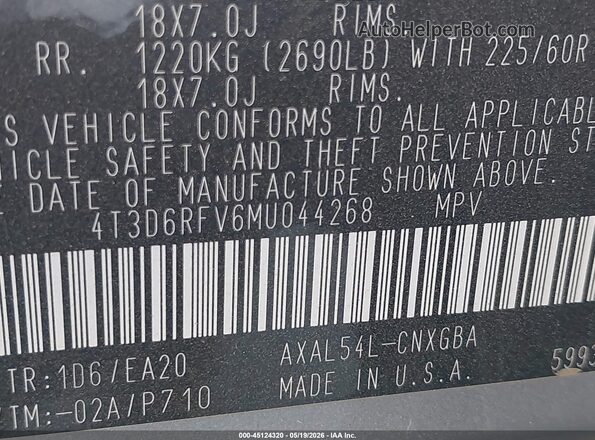 4T3D6RFV6MU044268 2021 TOYOTA RAV4 HYBRID Silver Vista del compartimento del motor