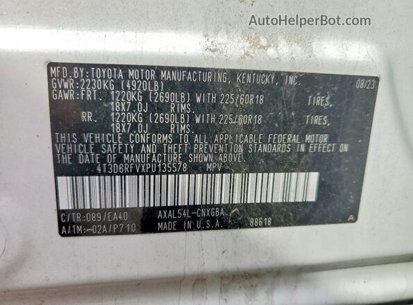 4T3D6RFVXPU135578 2023 TOYOTA RAV4 White Vista de la etiqueta del VIN