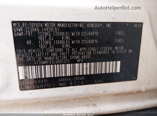 4T3DWRFV3LU005331 2020 TOYOTA LIMITED White Vista del compartimento del motor