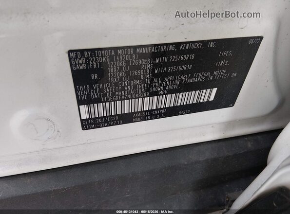 4T3E6RFV7NU089208 2022 TOYOTA RAV4 HYBRID White Вид підкапотного простору