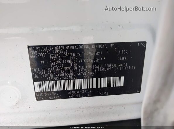 4T3LWRFV8SU210735 2025 TOYOTA RAV4 HYBRID White ძრავის განყოფილების ხედი
