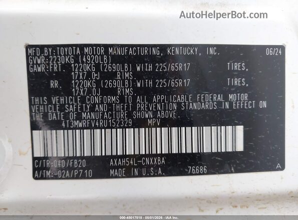 4T3MWRFV4RU152329 2024 TOYOTA LE White 