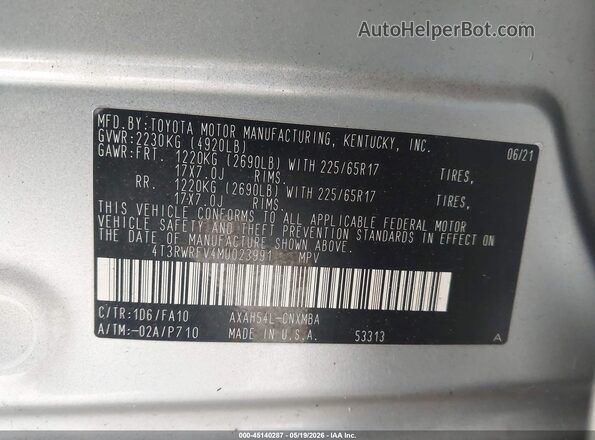 4T3RWRFV4MU023991 2021 TOYOTA RAV4 HYBRID Silver Շարժիչի բաժամունքի տեսք