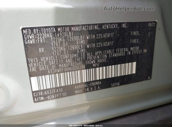 4T3RWRFV6MU024298 2021 TOYOTA RAV4 HYBRID Серый Вид подкапотного пространства