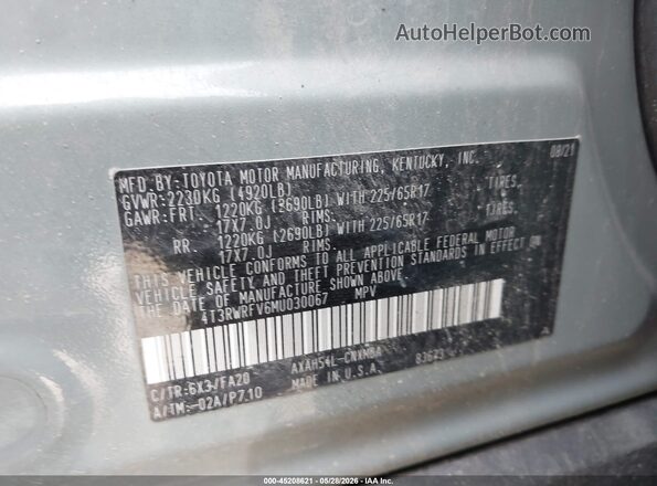 4T3RWRFV6MU030067 2021 TOYOTA RAV4 HYBRID Gray 