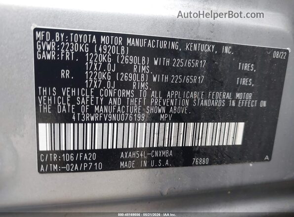 4T3RWRFV9NU076199 2022 TOYOTA RAV4 HYBRID Серебряный 