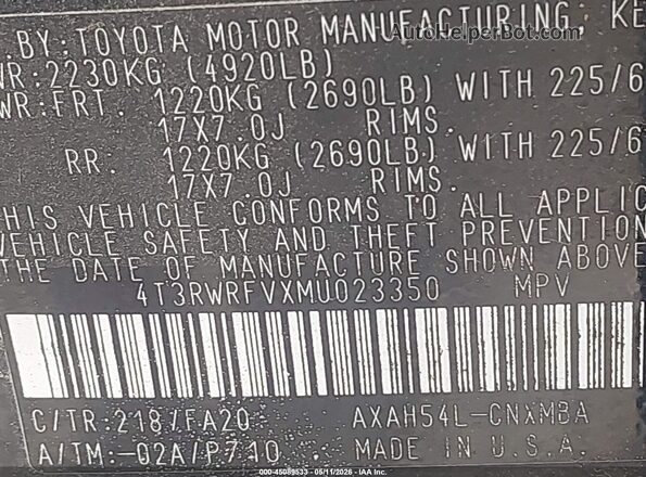 4T3RWRFVXMU023350 2021 TOYOTA LE Black Widok komory silnika