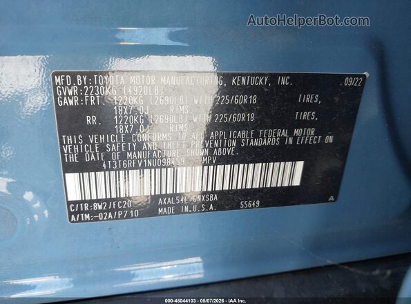 4T3T6RFV1NU098459 2022 TOYOTA RAV4 HYBRID Blue 