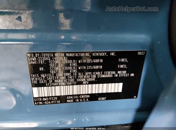 4T3T6RFV9NU100717 2022 TOYOTA RAV4 HYBRID Blue 