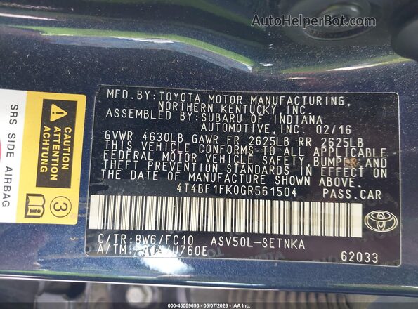 4T4BF1FK0GR561504 2016 TOYOTA LE Blue Вид підкапотного простору