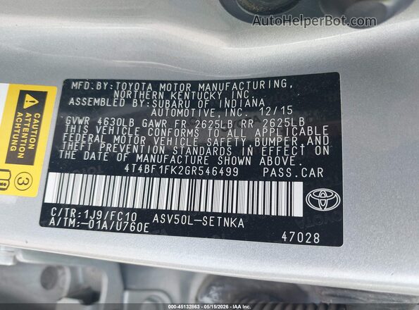 4T4BF1FK2GR546499 2016 TOYOTA CAMRY Silver Շարժիչի բաժամունքի տեսք