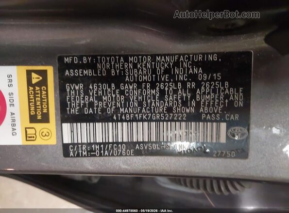 4T4BF1FK7GR527222 2016 TOYOTA CAMRY Gray 