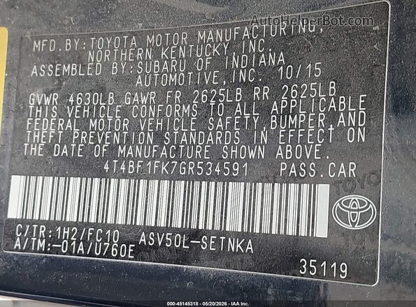 4T4BF1FK7GR534591 2016 TOYOTA CAMRY Blue 