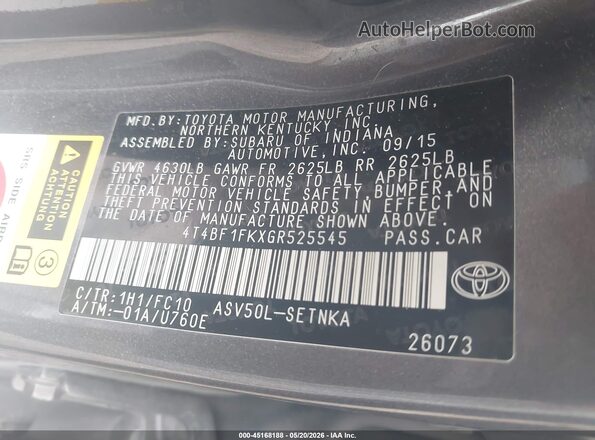 4T4BF1FKXGR525545 2016 TOYOTA CAMRY Gray 