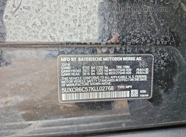 5UXCR6C57KLL02768 2019 BMW X5 Черный 