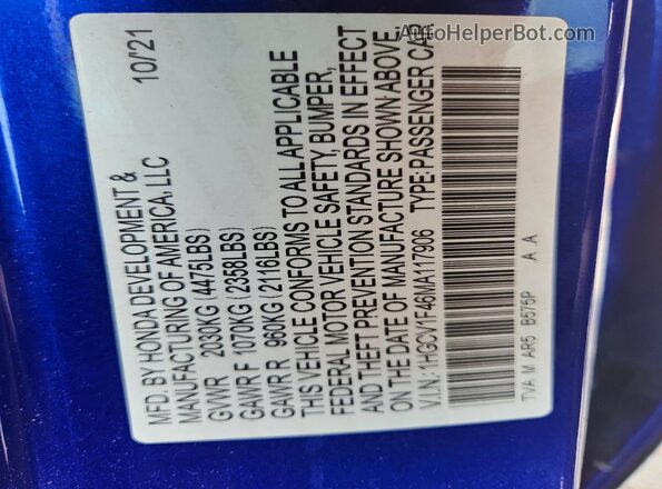 1HGCV1F46MA117906 2021 HONDA ACCORD Blue Vista interior de 360 grados