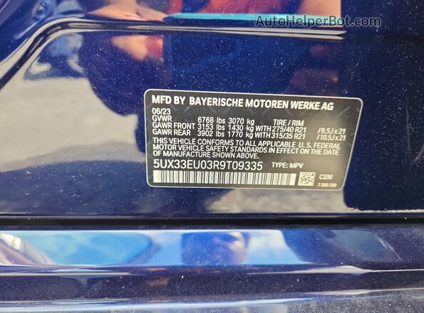 5UX33EU03R9T09335 2024 BMW X5 Blue VIN կոդի պիտակի տեսք