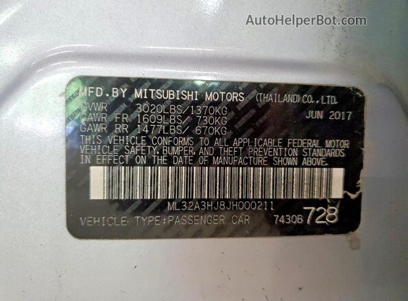 ML32A3HJ8JH000211 2018 MITSUBISHI MIRAGE Silver VIN კოდის სტიკერის ხედი