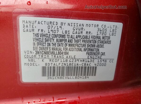 3N1CN8EV6LL804184 2020 NISSAN VERSA Red 