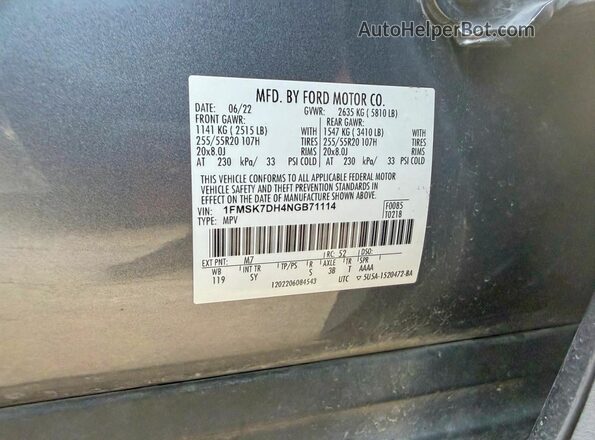 1FMSK7DH4NGB71114 2022 FORD EXPLORER Gray Vista interior trasera