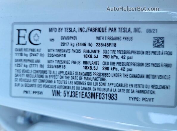 5YJ3E1EA3MF031983 2021 TESLA MODEL White 