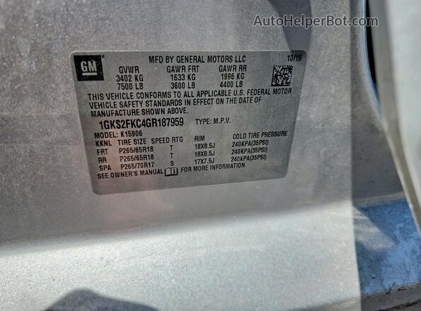 1GKS2FKC4GR187959 2016 GMC YUKON Серебряный 