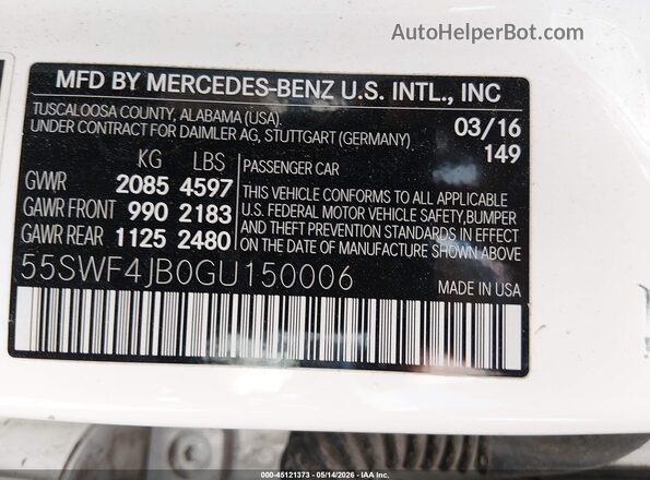 55SWF4JB0GU150006 2016 MERCEDES-BENZ C-CLASS White Engine compartment view