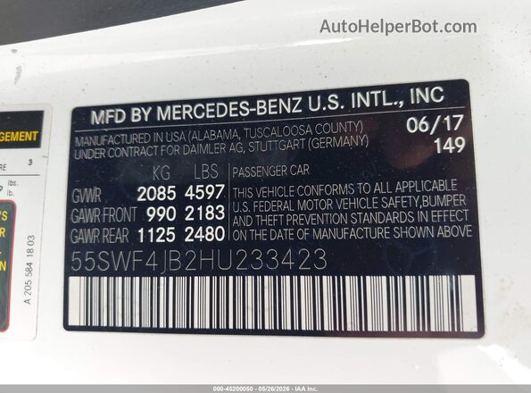 55SWF4JB2HU233423 2017 MERCEDES-BENZ C-CLASS Белый Вид подкапотного пространства